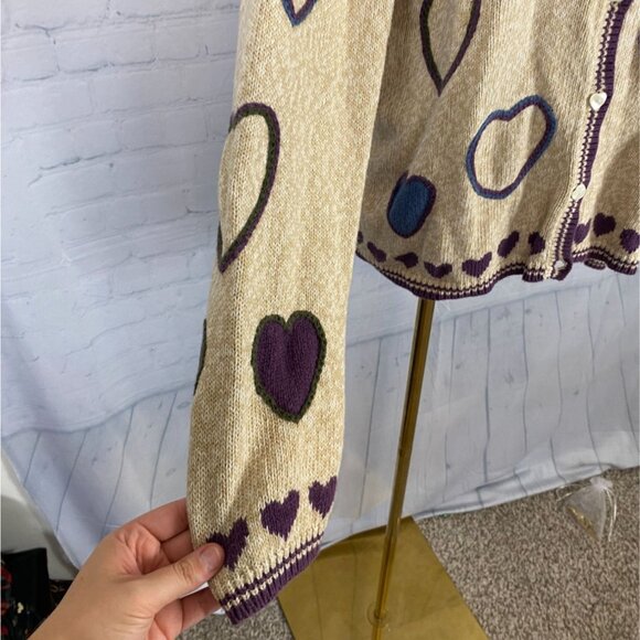 Vintage Christopher Banks XL Hand Embroidered Tan Heart Cardigan - Picture 5 of 8